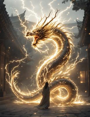 The primary subject of the image is a woman standing in front of a large, illuminated dragon. The dragon appears to be made of light, giving it a glowing and ethereal appearance. The setting is a dark room, with the woman and the dragon being the main focus of the scene. The visual style of the image is digital art, as the dragon and the woman are both depicted in a digital manner. The dominant colors in the image are the glowing light of the dragon and the